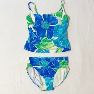 Vintage Y2K Sirena Size 8 White Green and Blue Floral Tropical Tankini Set